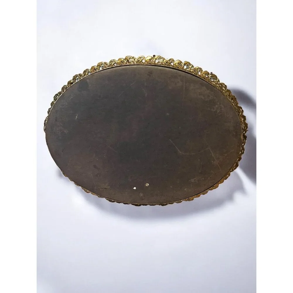 Vintage Ornate Brass & Glass Oval Vanity Tray or Wall Mirror